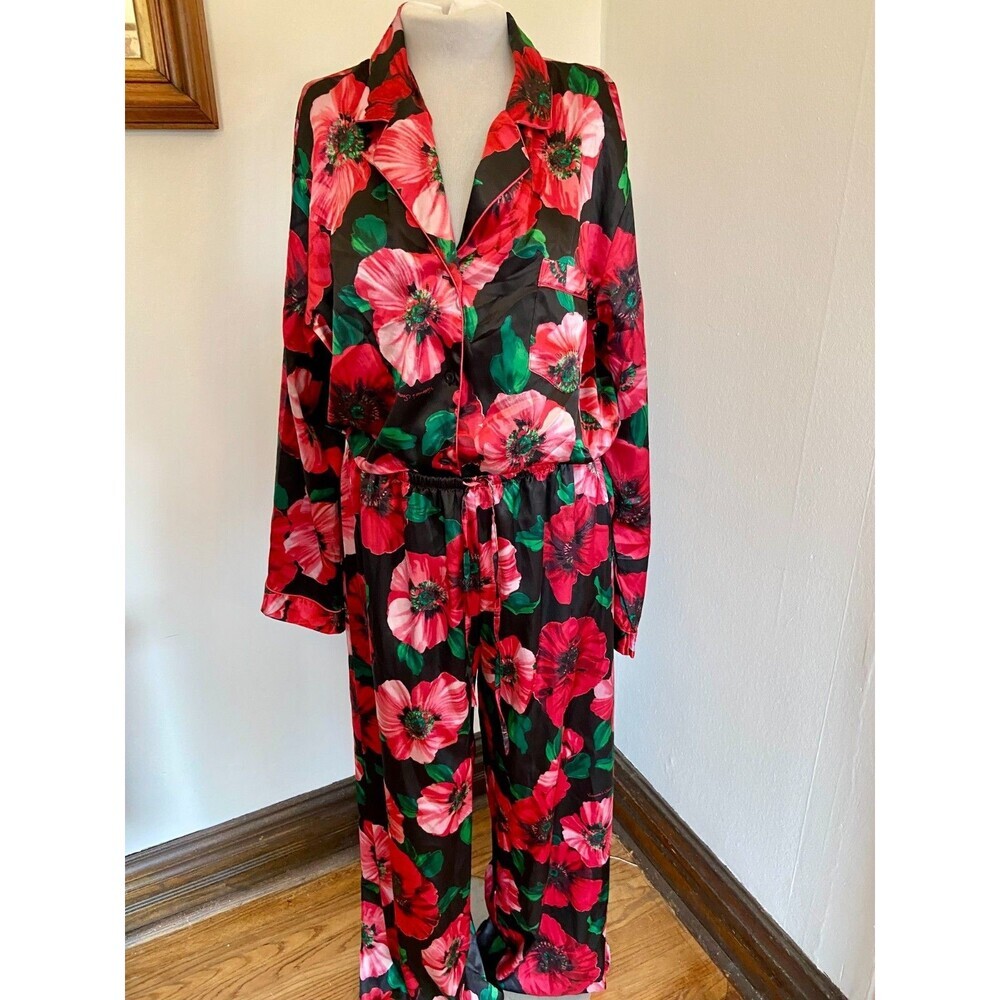Victoria Secret Floral Satin Pajama Set Pants Long Sleeve Red Black Poppy Large